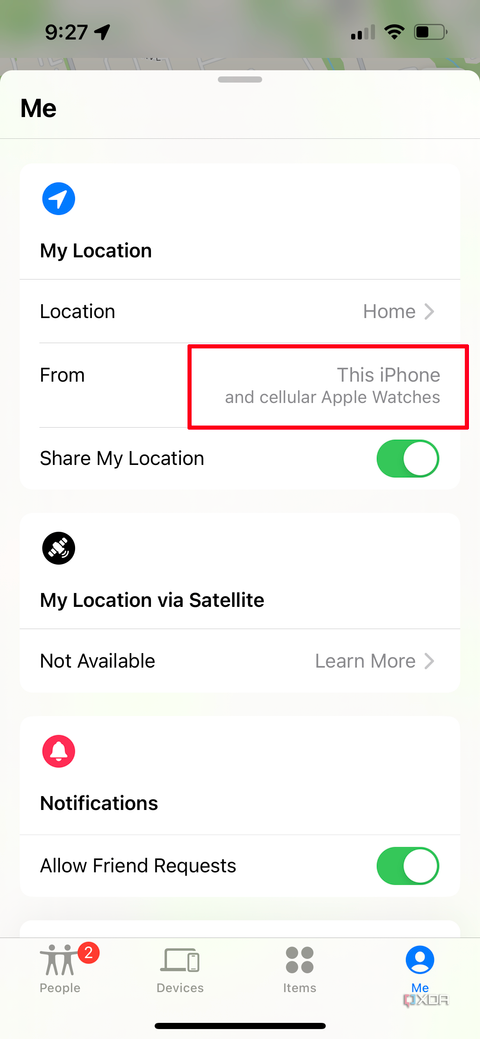 A Find My page on iPhone with the devices shown that are sharing location