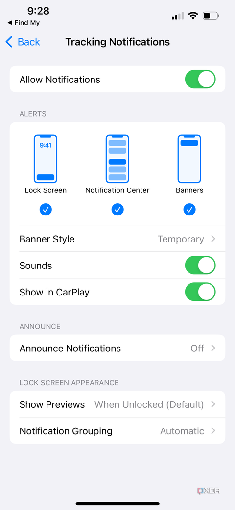 Notification Tracking settings for the Find My app