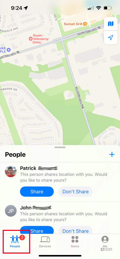 A Find My page on iPhone showing two people who are sharing location