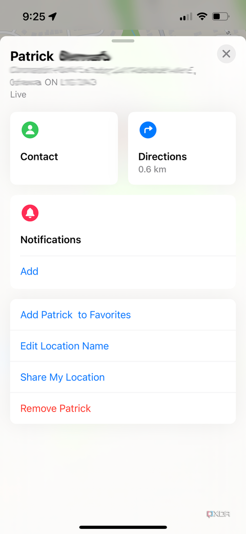 A Find My page on iPhone showing more options for a person sharing location