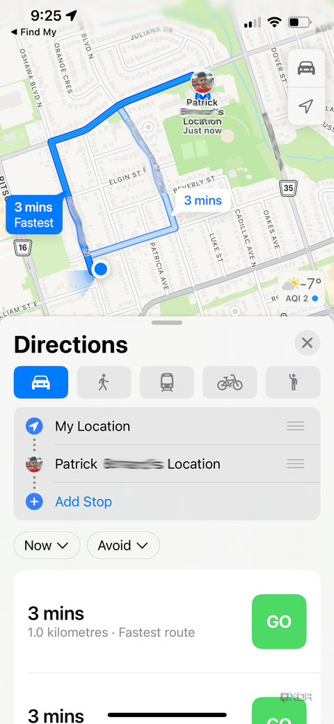 A Find My page on iPhone showing directions to someone sharing their location