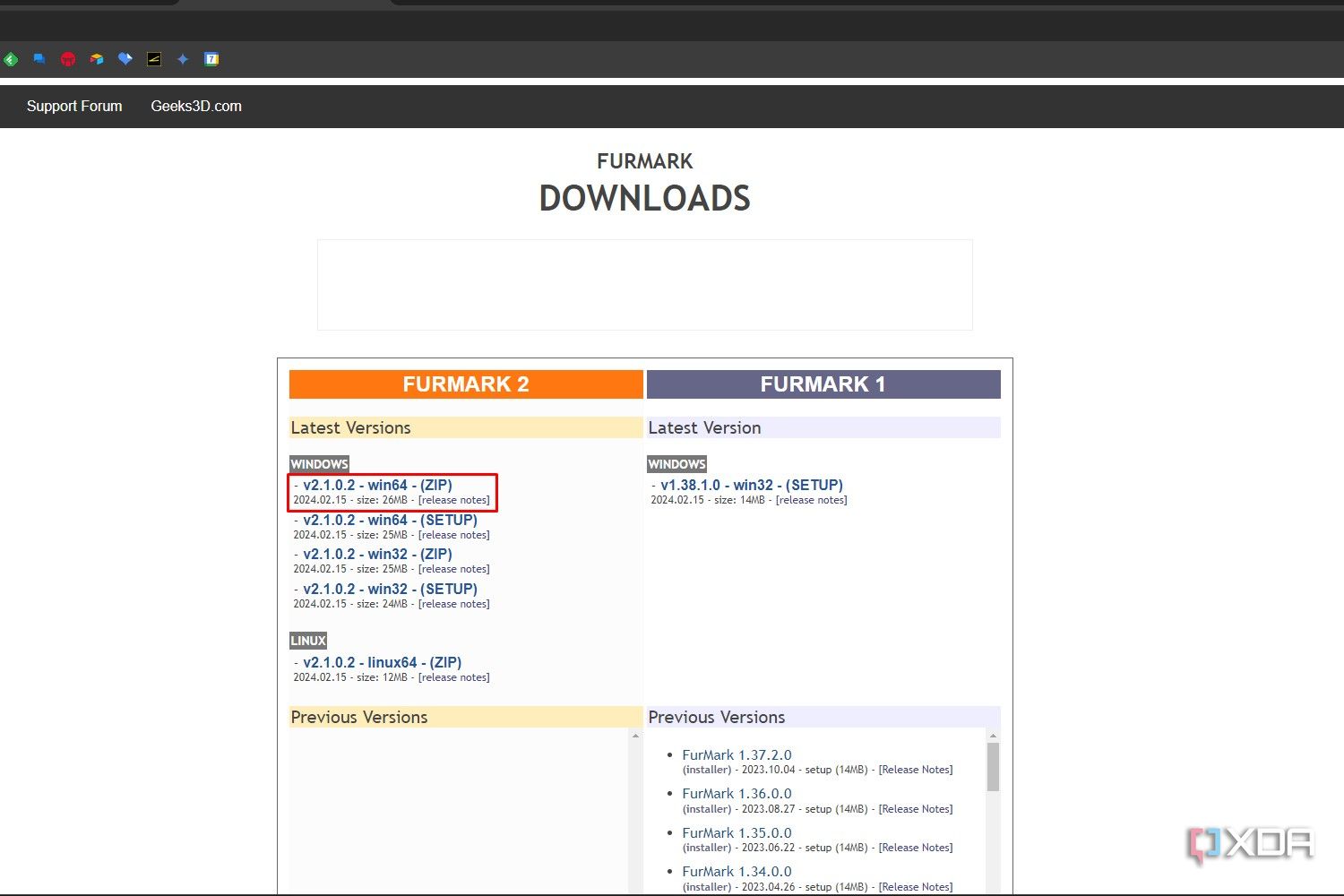 Google Chrome screenshot that shows highlights the latest version of FurMark 2 on the Geeks3D website.