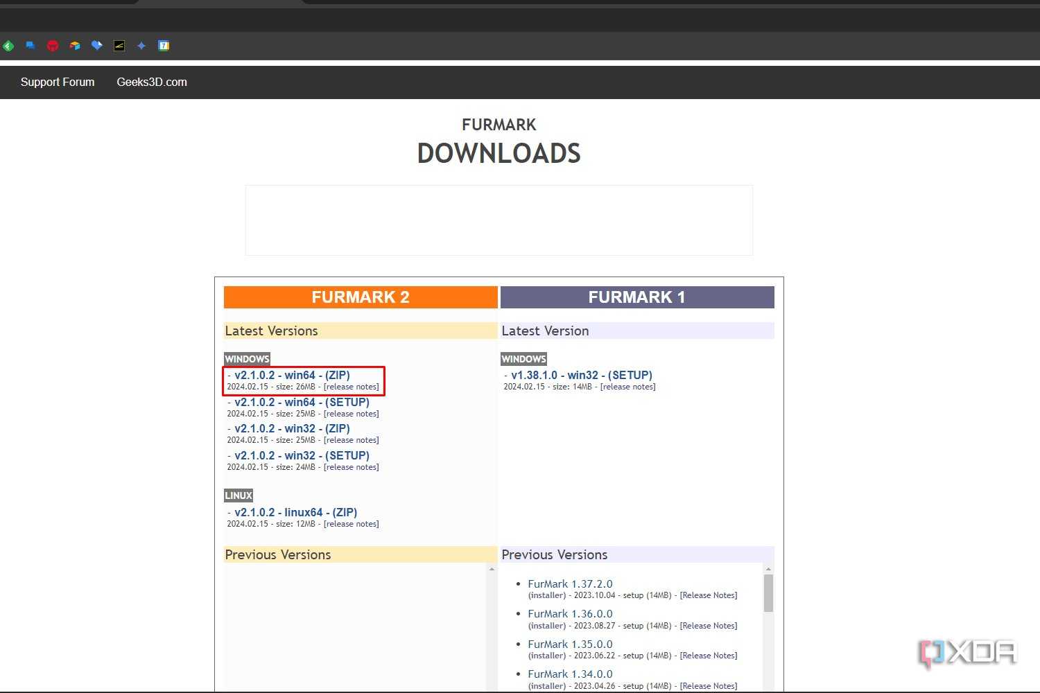 Google Chrome screenshot that shows highlights the latest version of FurMark 2 on the Geeks3D website.