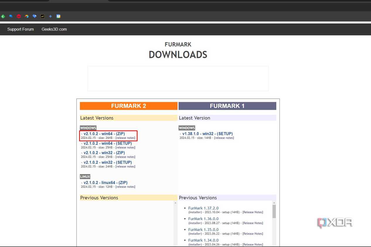 Google Chrome screenshot that shows highlights the latest version of FurMark 2 on the Geeks3D website.