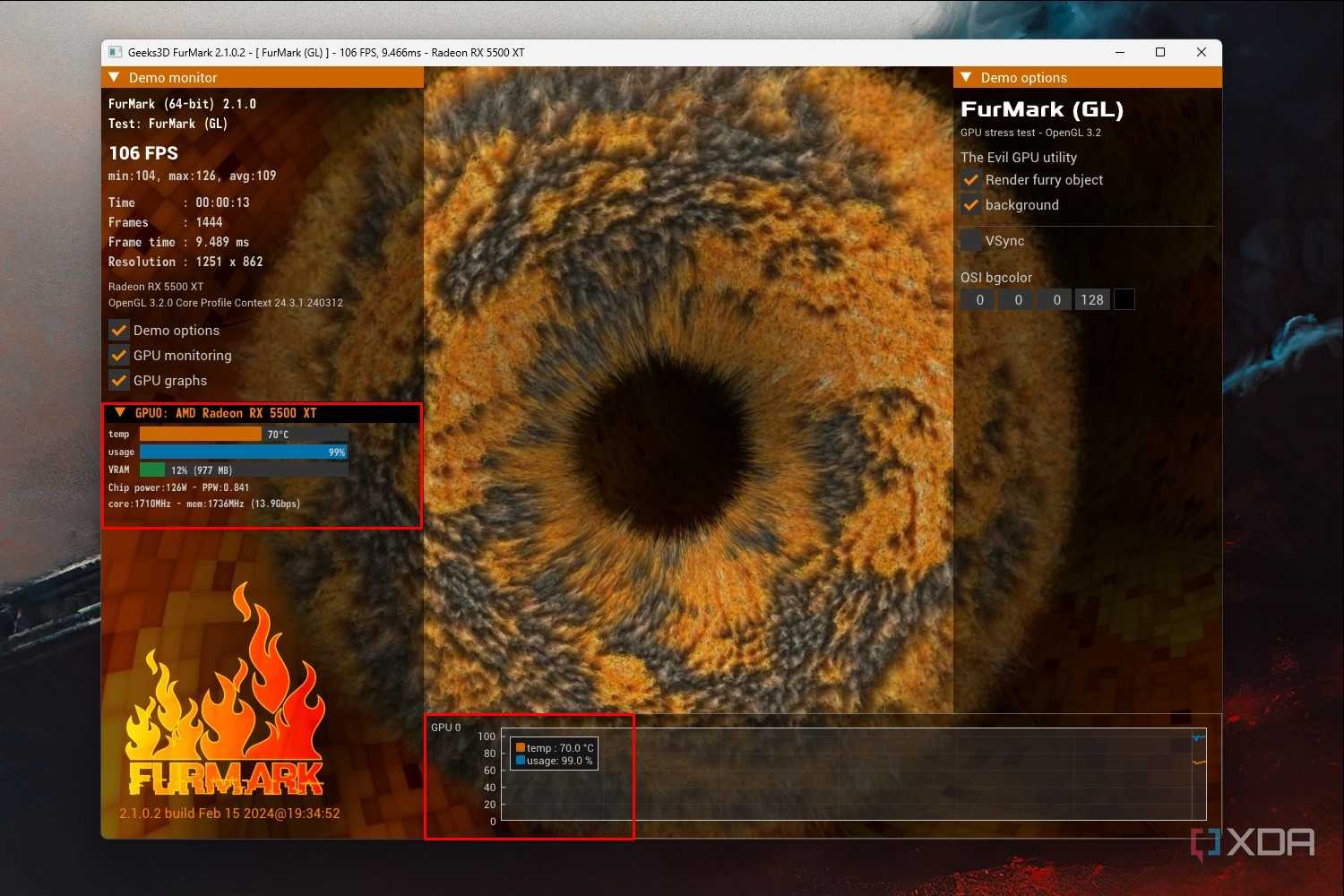 Windows 11 screenshot that shows a Furmark test being conducted on an AMD Radeon RX 5500 XT.