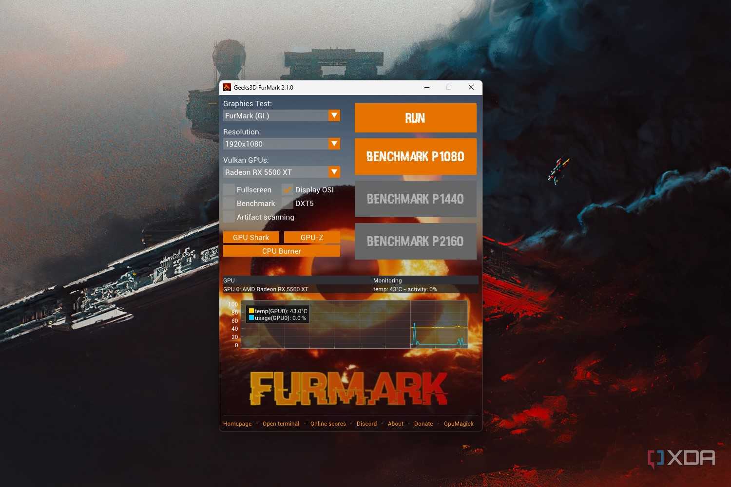 Windows 11 screenshot that shows the launch window for the Furmark app.