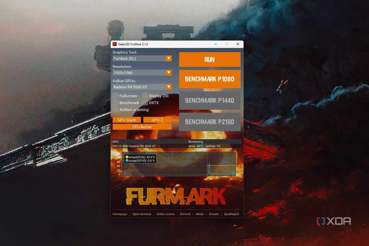 Windows 11 screenshot that shows the launch window for the Furmark app.