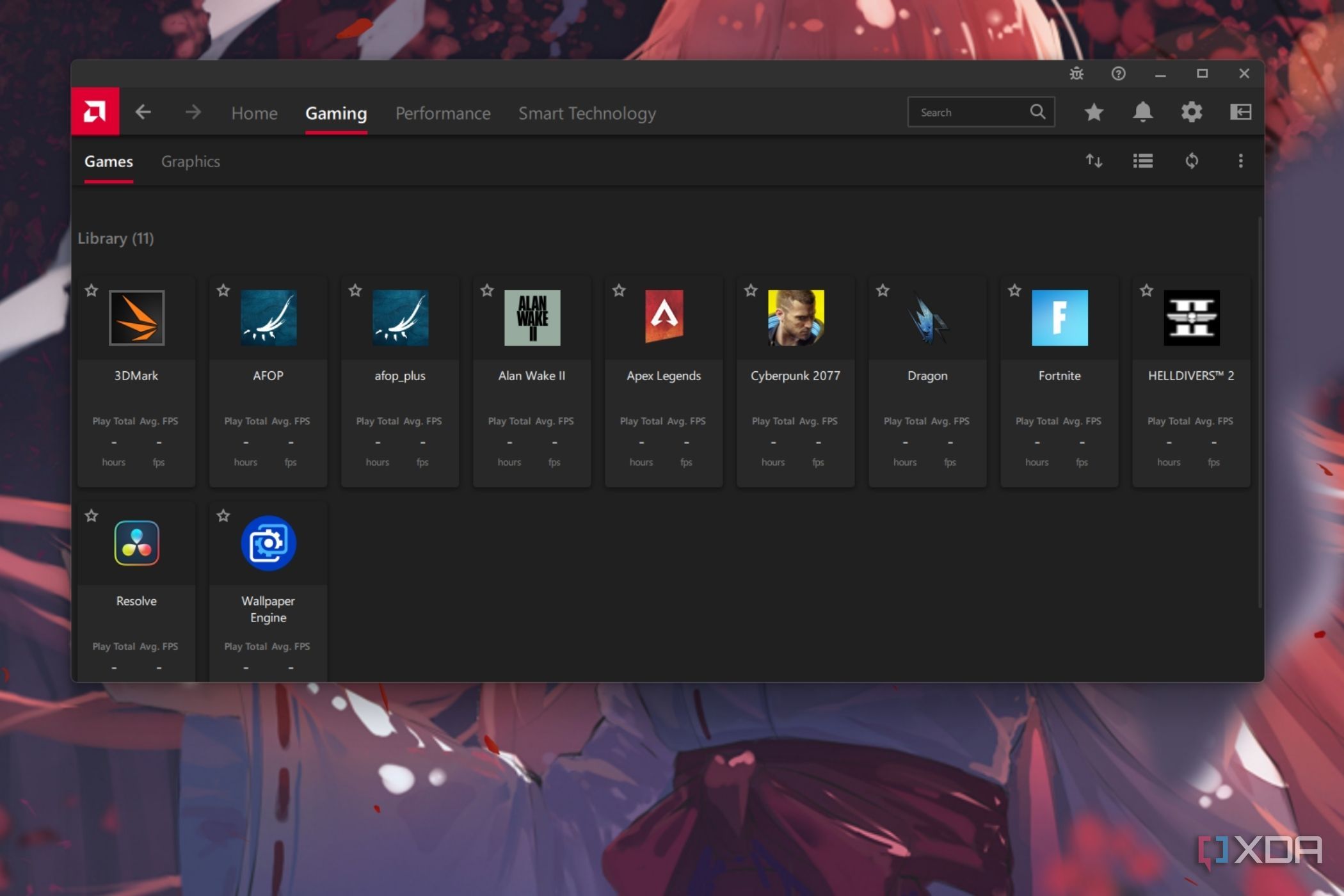 A screenshot showing the games tab in AMD Adrenaline software.