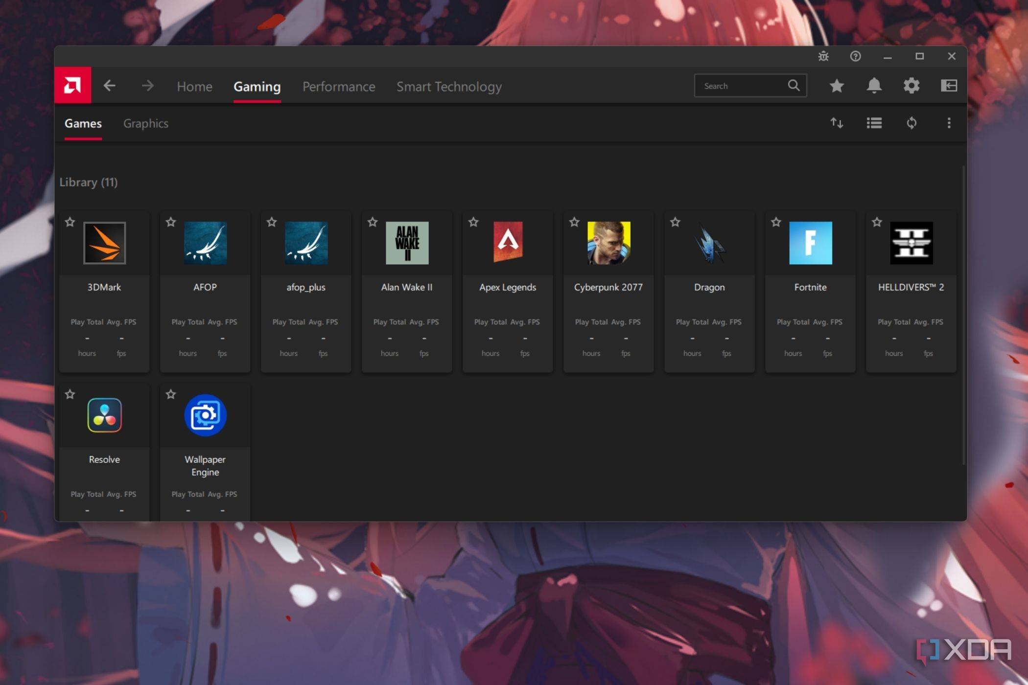 A screenshot showing the games tab in AMD Adrenaline software.