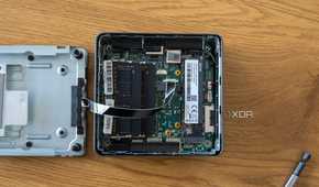 Overhead view of the inside of the Geekom Mini IT13 shwing RAM and SSD slots