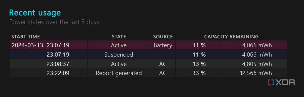 recent battery usage on Windows