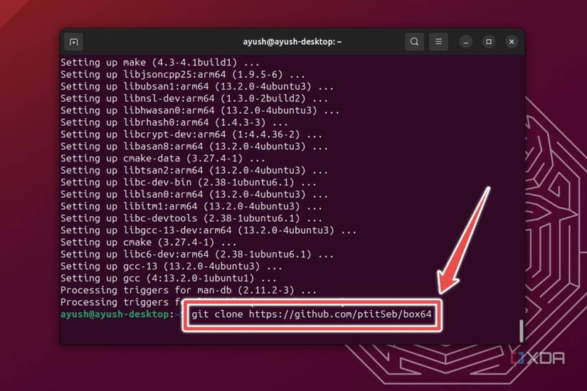 The Ubuntu terminal displaying the command to clone the Box64 repository
