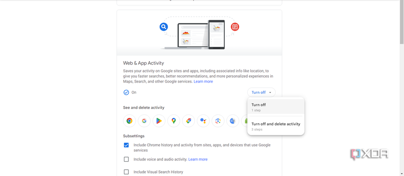 The page you use to turn off Google tracking and/or delete your browsing history.