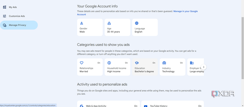 Google account page that shows how your ads are personalized.