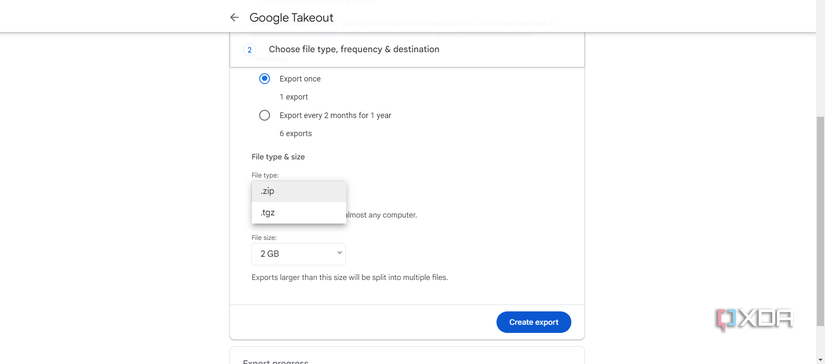 Selecting file format for data exported through Google Takeout