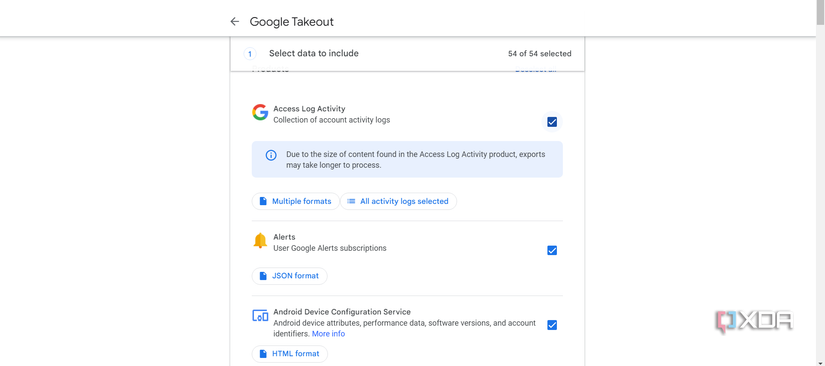 Selecting data to export via Google Takeout