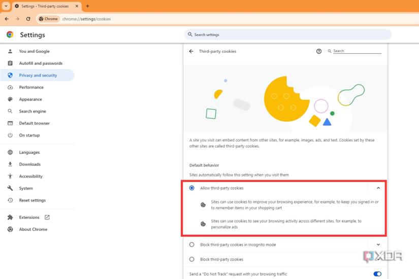 An image showing the highlighted allow third party cookies option in Google Chrome.