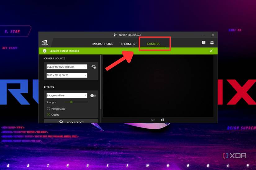 A screenshot showing the highlighted camera tab in Nvidia Broadcast app.