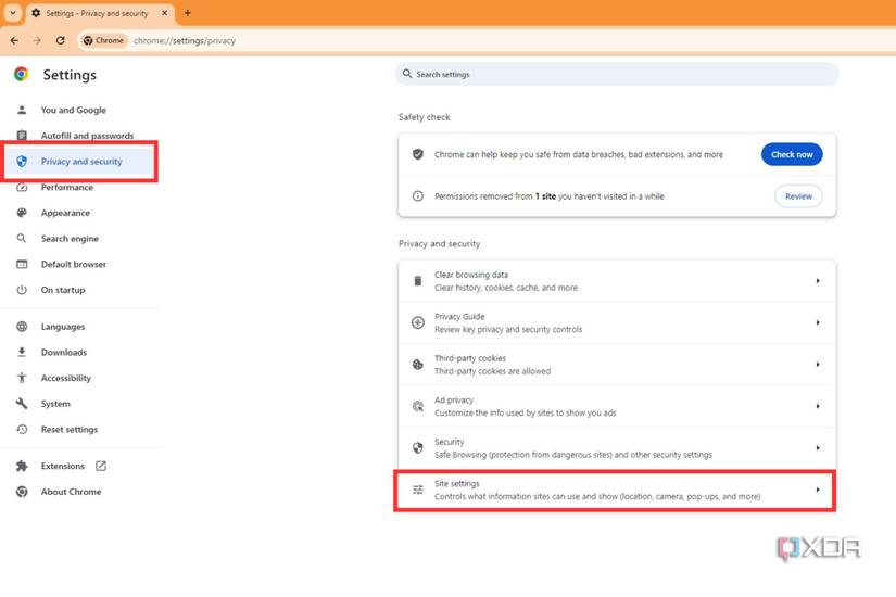 A screenshot showing th highlighted Privacy and security along with site settings in Google Chrome.