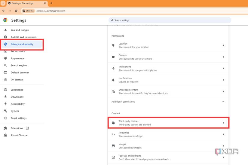 A screenshot showing the highlighted third-party cookies option in Google Chrome.