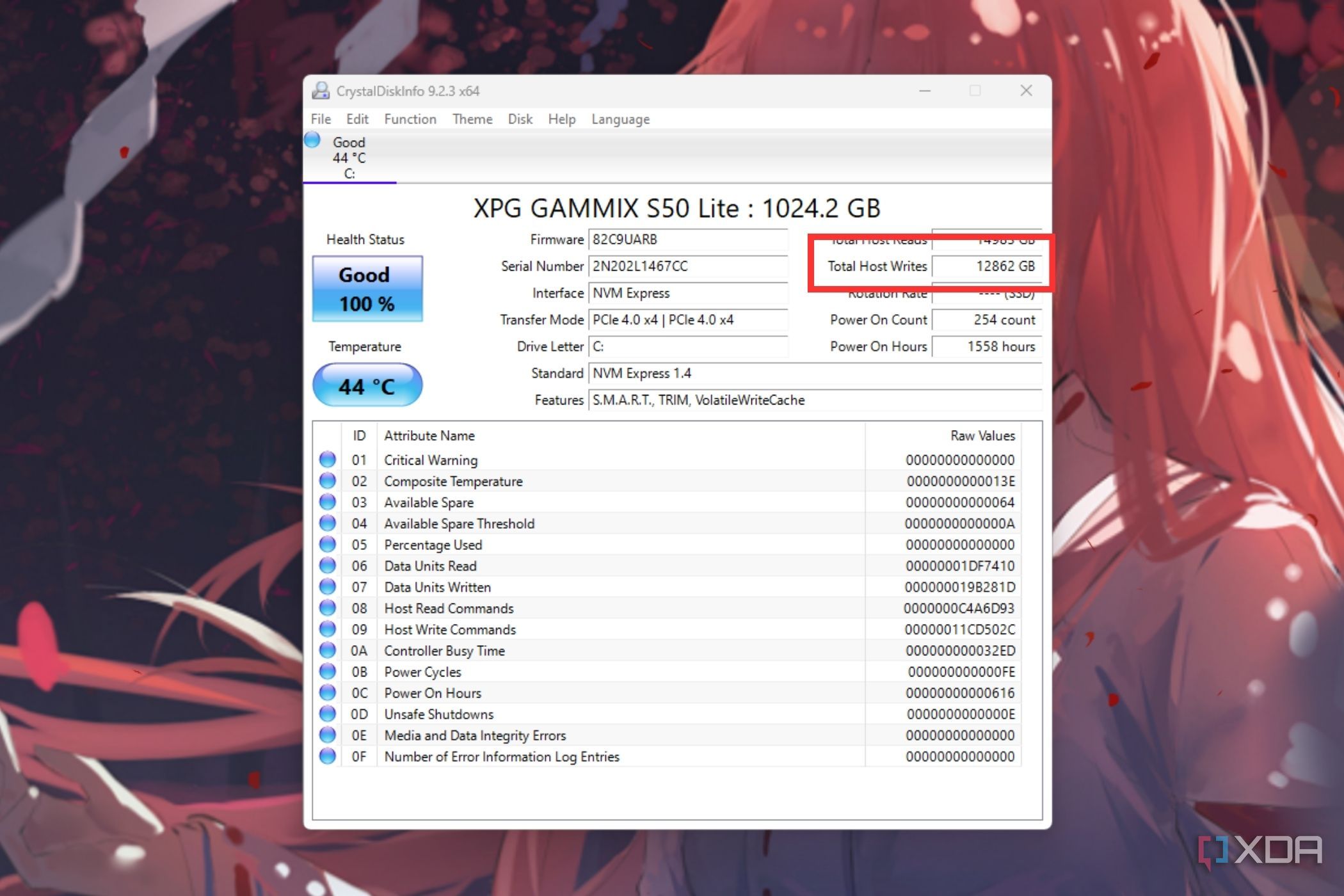 A screenshot showing the highlighted Total Host Writes info of an SSD on CrystalDiskInfo utility.