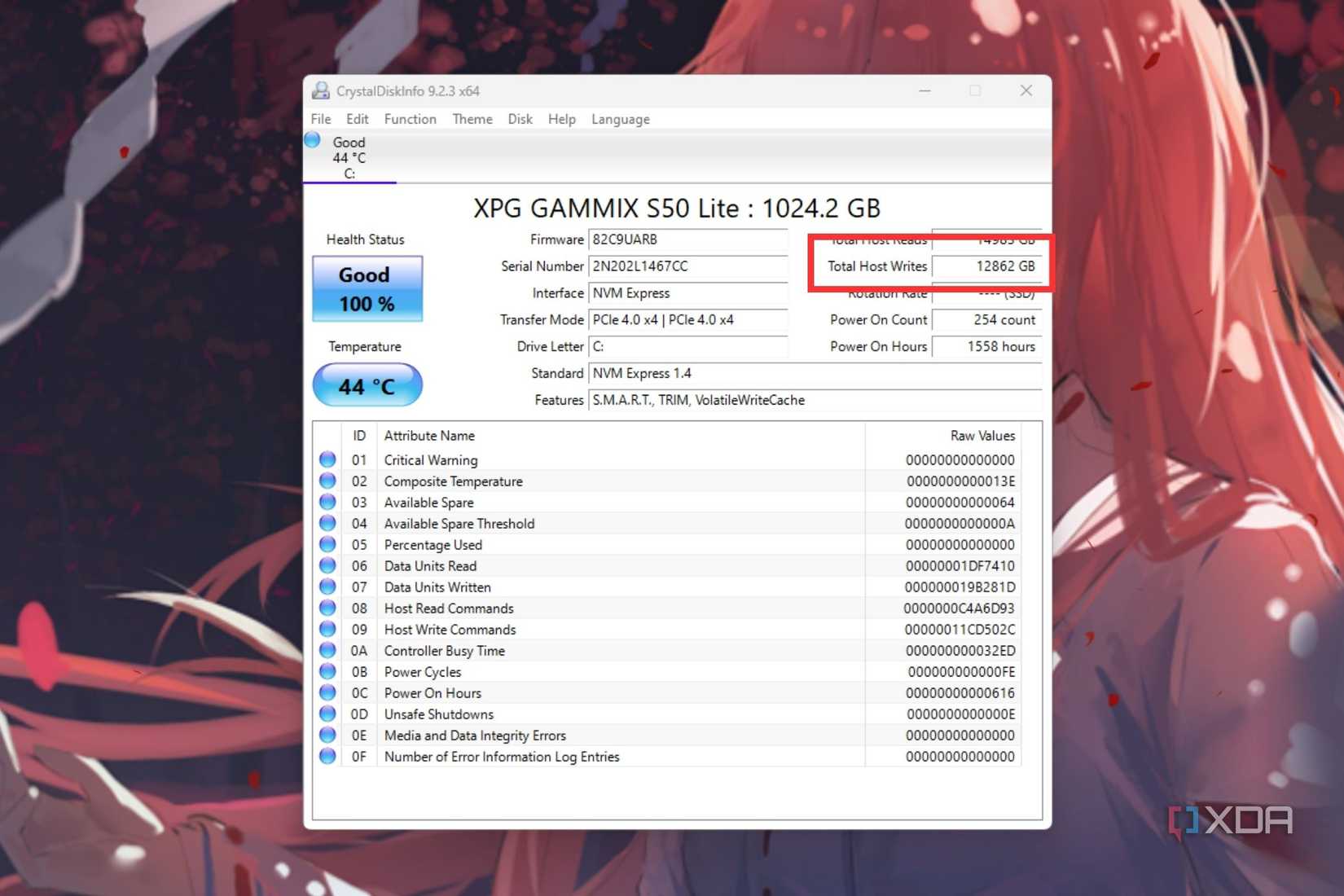 A screenshot showing the highlighted Total Host Writes info of an SSD on CrystalDiskInfo utility.