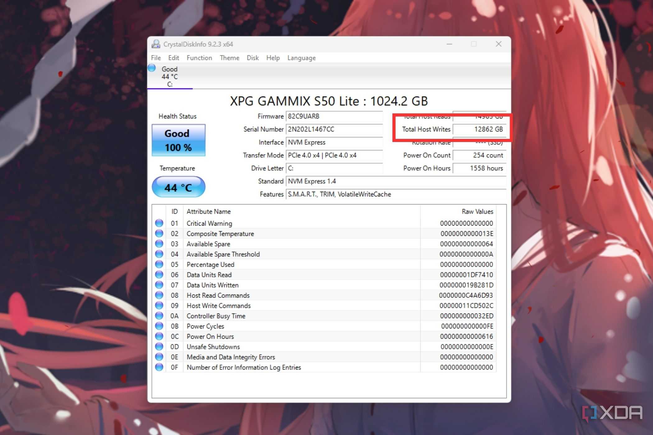 A screenshot showing the highlighted Total Host Writes info of an SSD on CrystalDiskInfo utility.