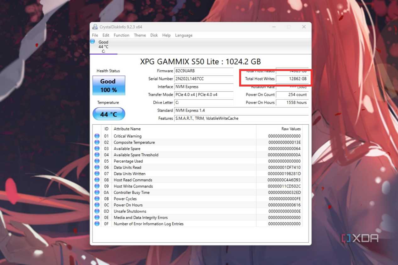 A screenshot showing the highlighted Total Host Writes info of an SSD on CrystalDiskInfo utility.