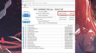 A screenshot showing the highlighted Total Host Writes info of an SSD on CrystalDiskInfo utility.