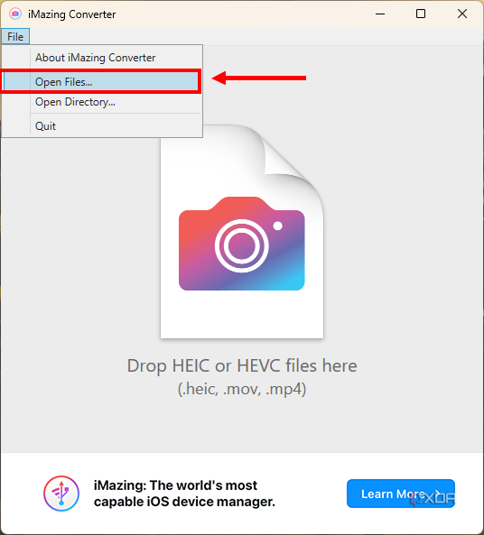 Screenshot of iMazing converter with option to open files highlighted