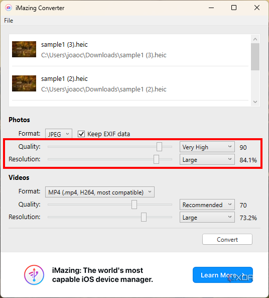 Screenshot of iMazing converter with files loaded and quality settings highlighted