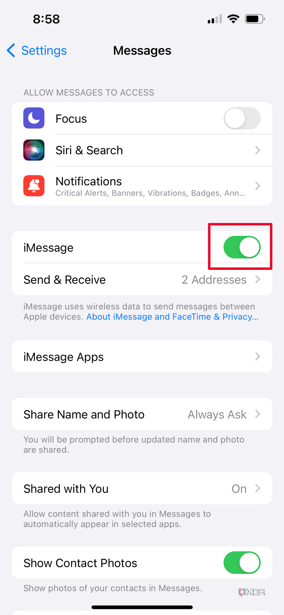 iPhone Messages setting menu with Message on.