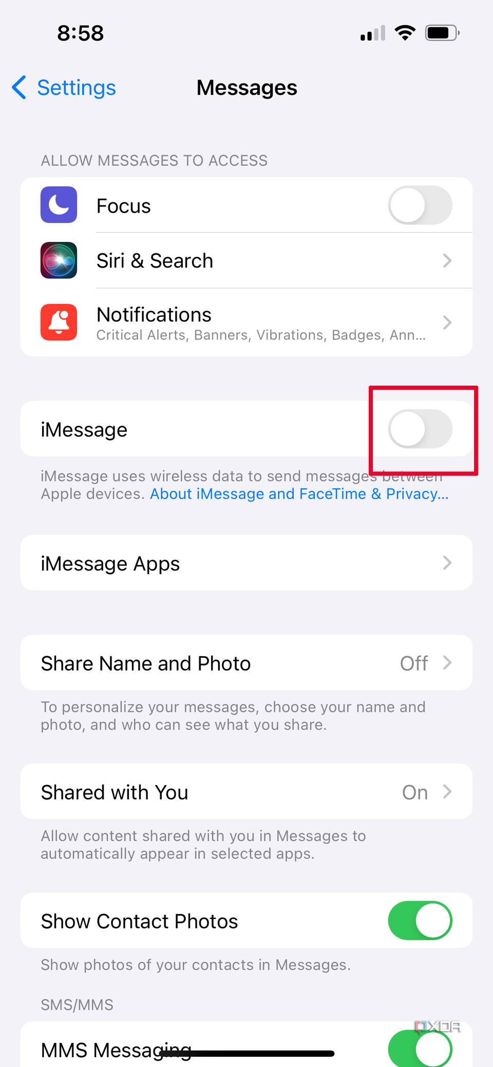 iPhone Messages setting menu with Message off.