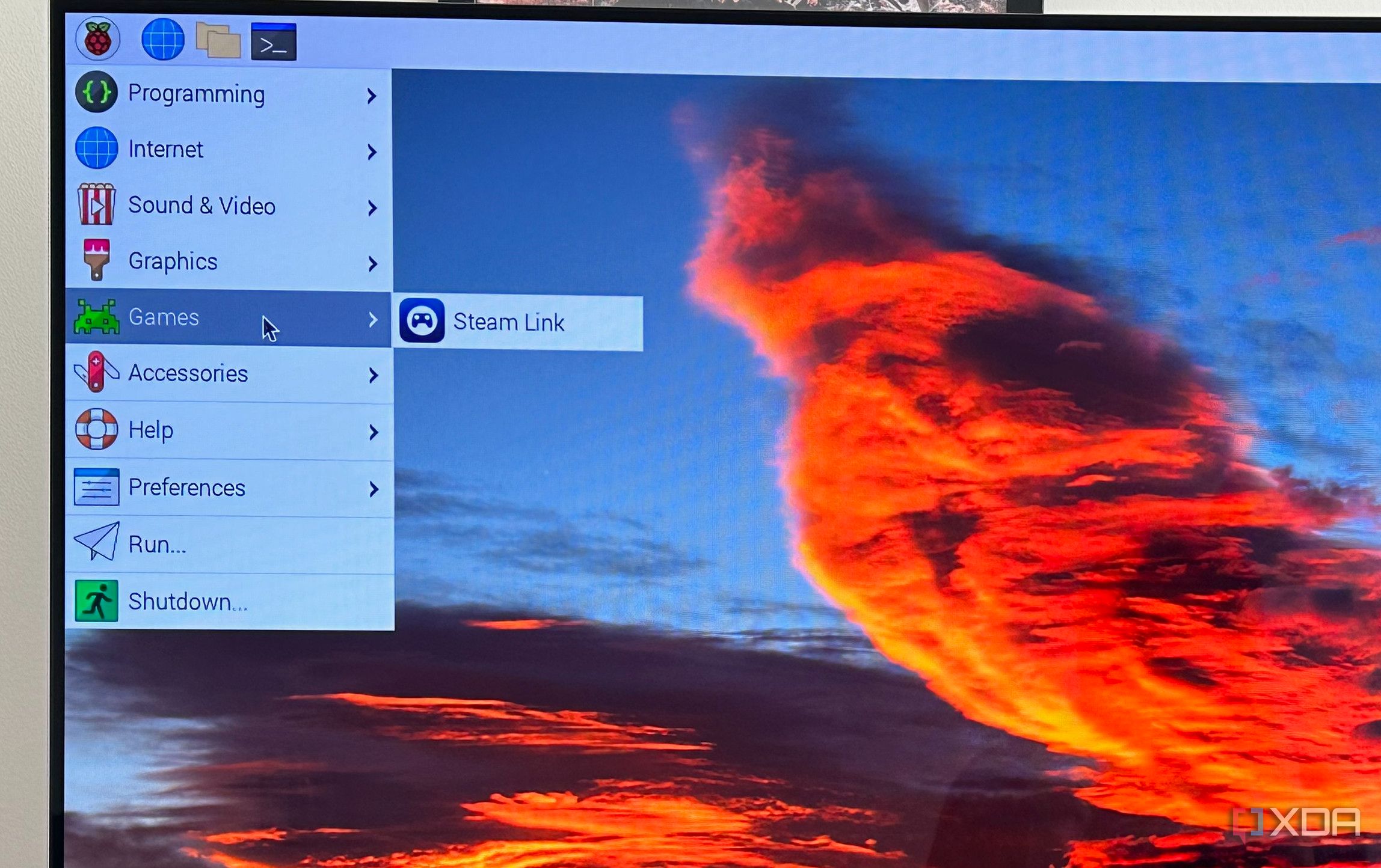 Photo of a Raspberry Pi screen showing where to access Steam Link.