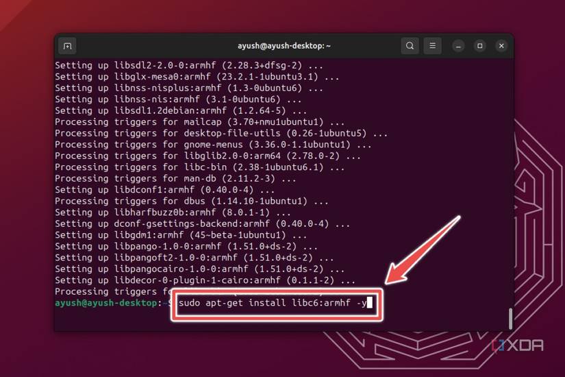 The Ubuntu terminal displaying the command to install the libc6:armhf package