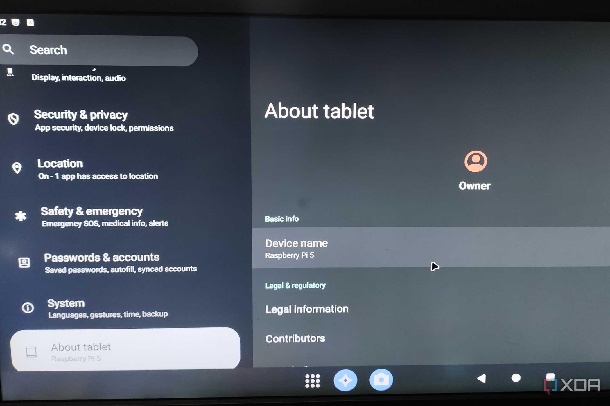 The LineageOS settings displaying Raspberry Pi 5 as the device
