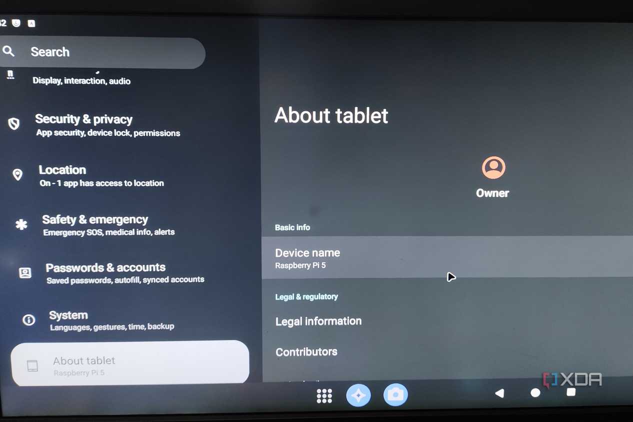 The LineageOS settings displaying Raspberry Pi 5 as the device