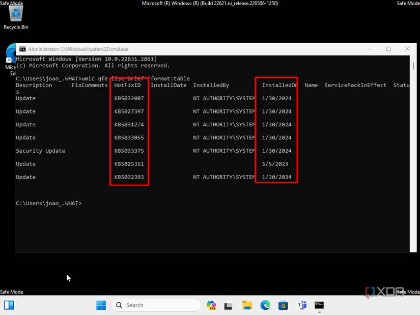 Screenshot of a list of updates recently installed on a PC in Command Prompt