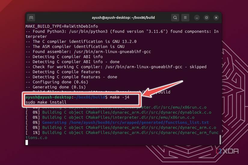 The Ubuntu terminal with the make -j4 and make install commands highlighted