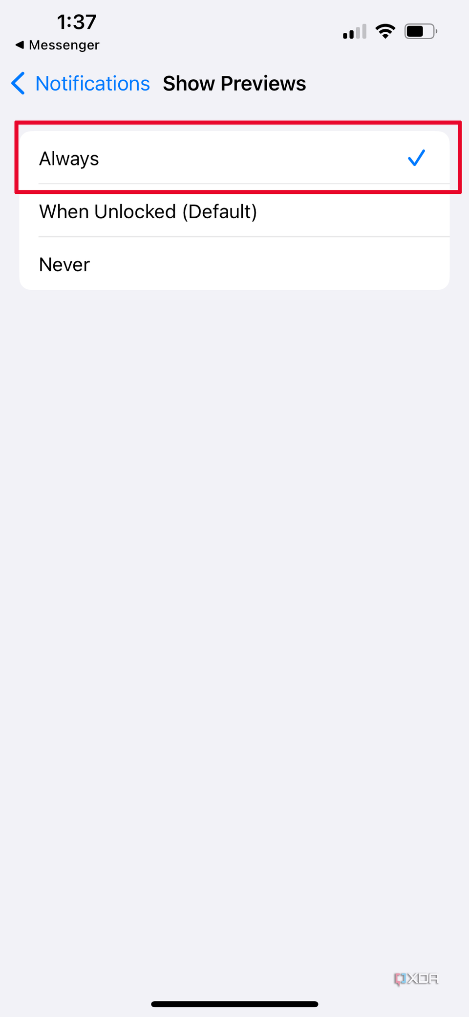 Messenger Show Previews settings with the setting changed to Always.