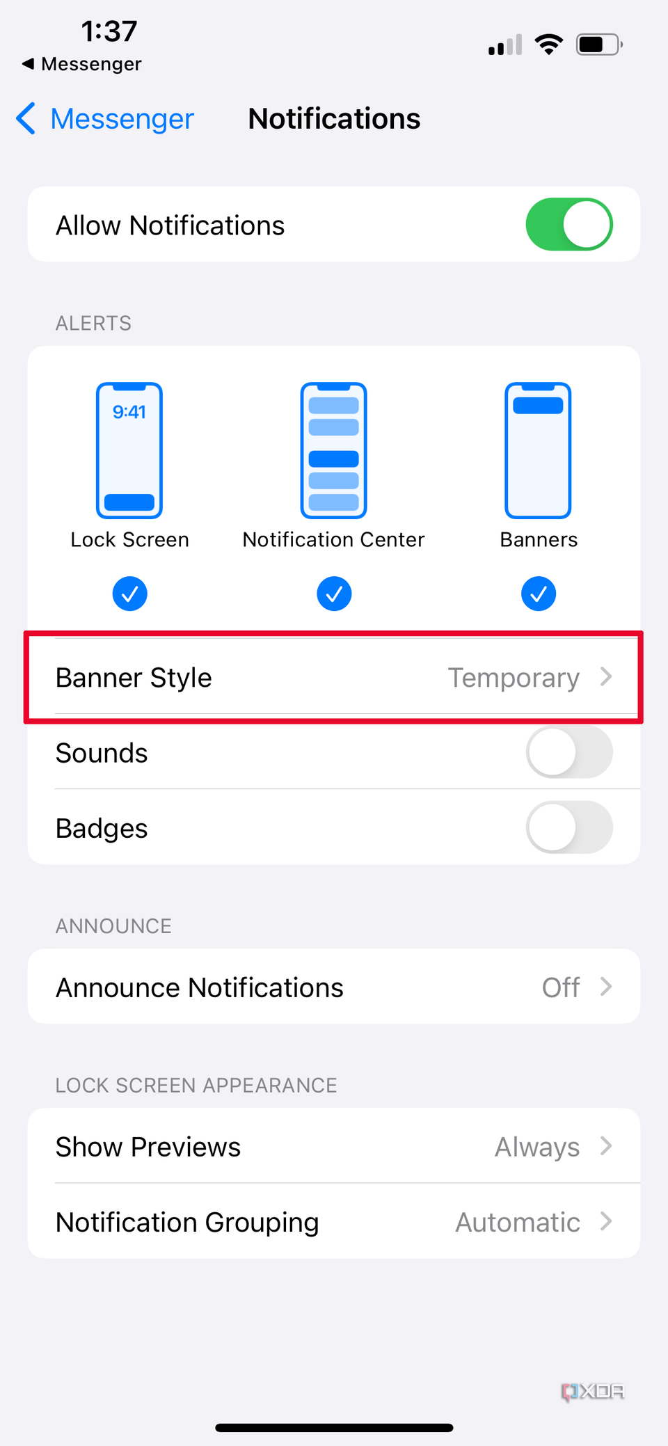 Messenger Notifications menu with Banner Style selected.