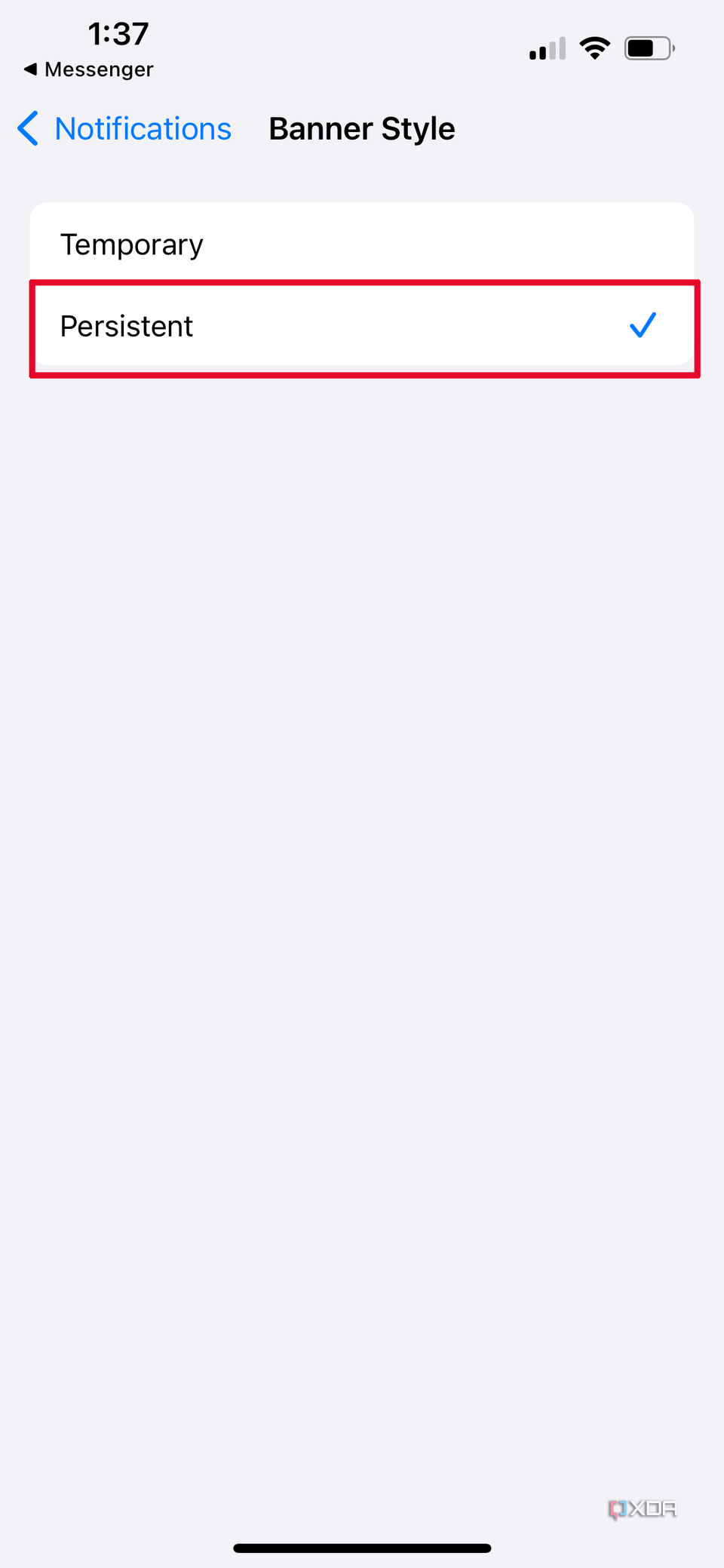 Messenger Banner Style menu option switched to Persistent.