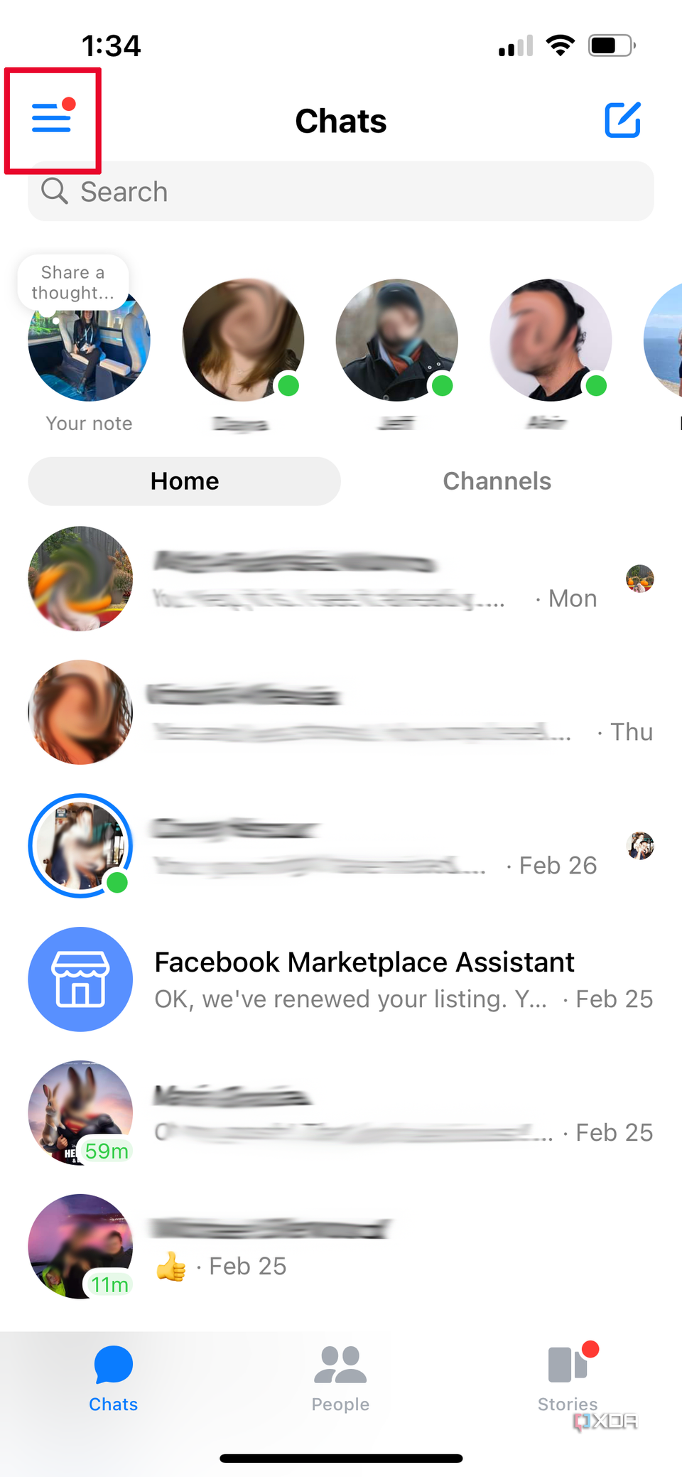 Messenger app with the three lines at the top, left selected.