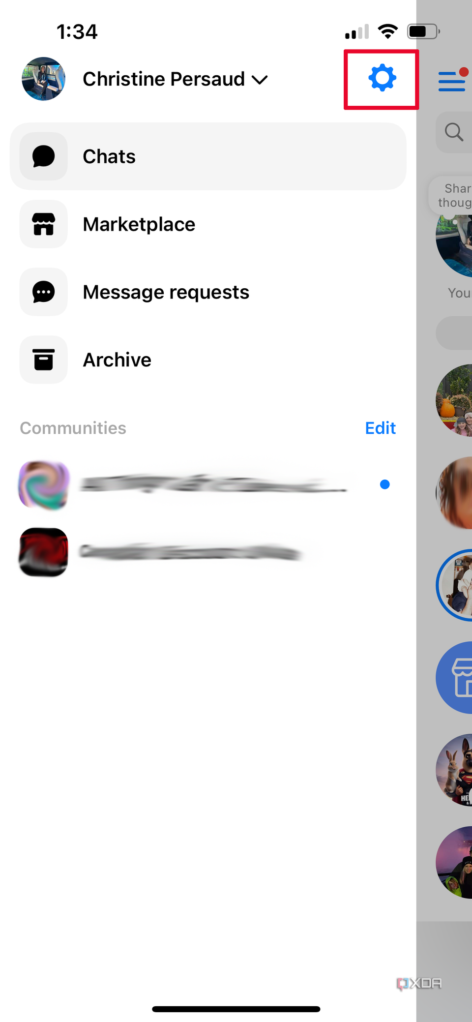 Messenger app with the Gear icon on the top, right selected.