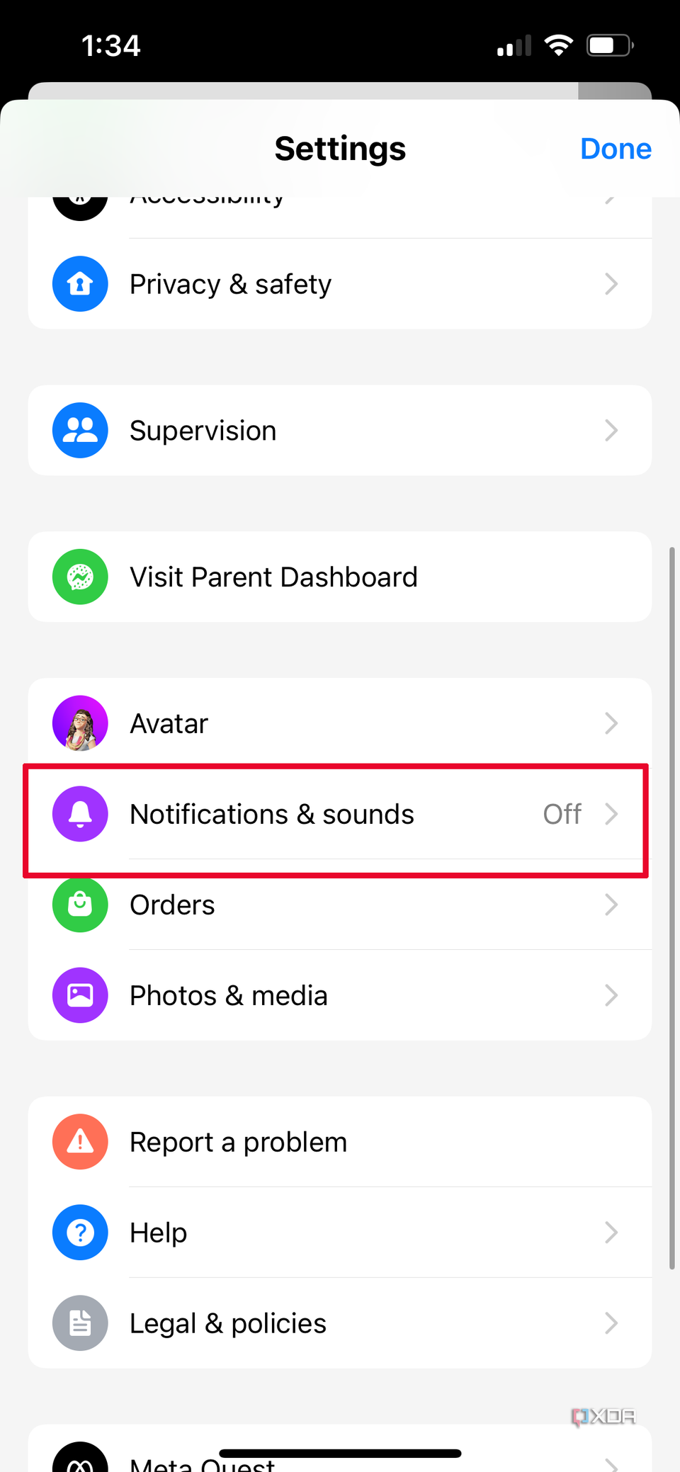 Messenger app Settings menu with Notifications & sounds selected.