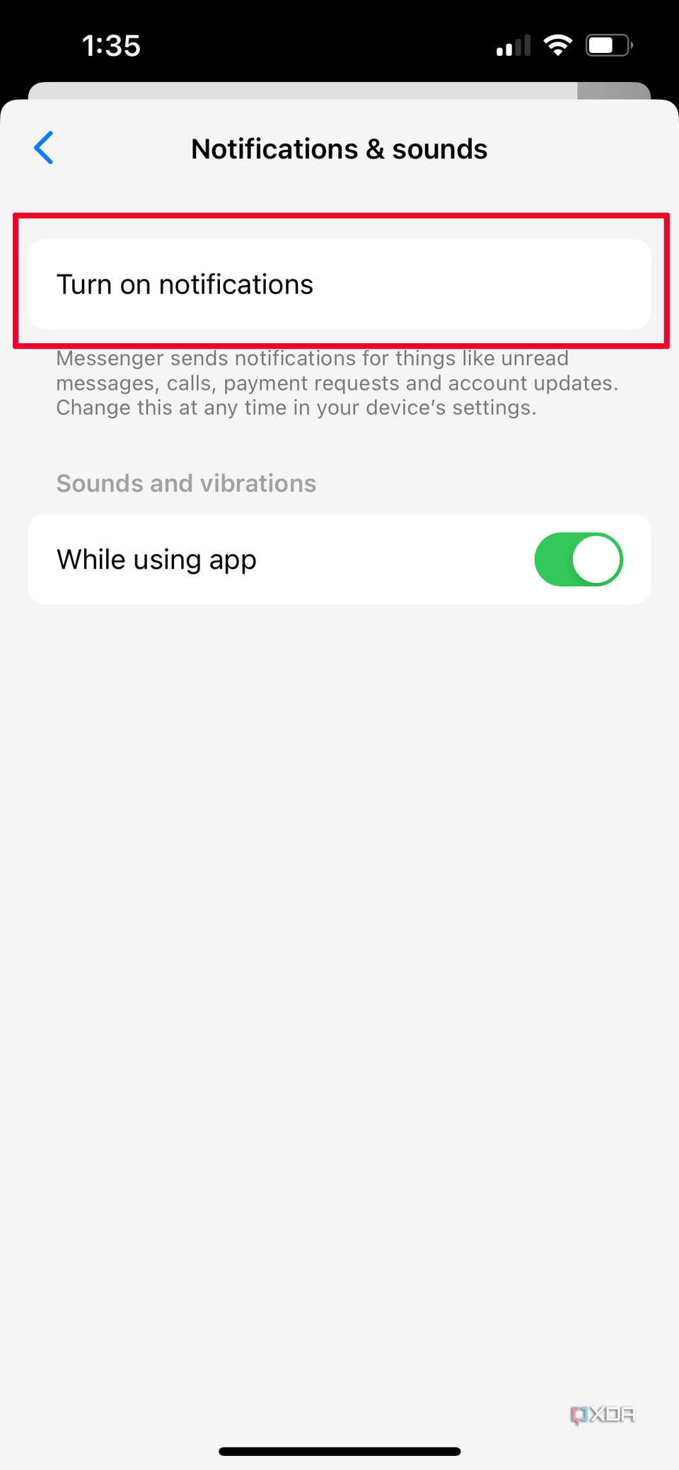 Messenger Notifications & sounds menu with Turn on notifications selected.