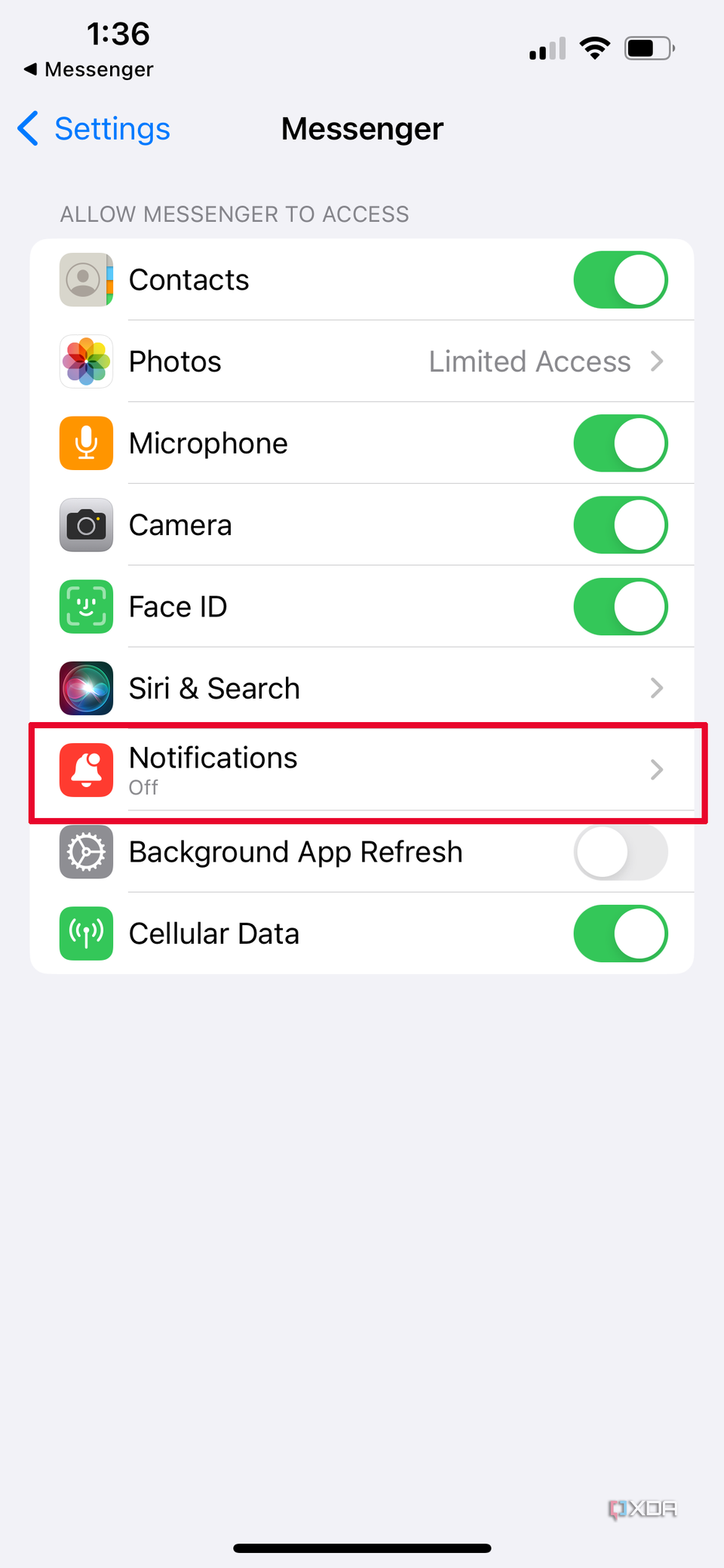 Messenger settings menu with Notifications selected.