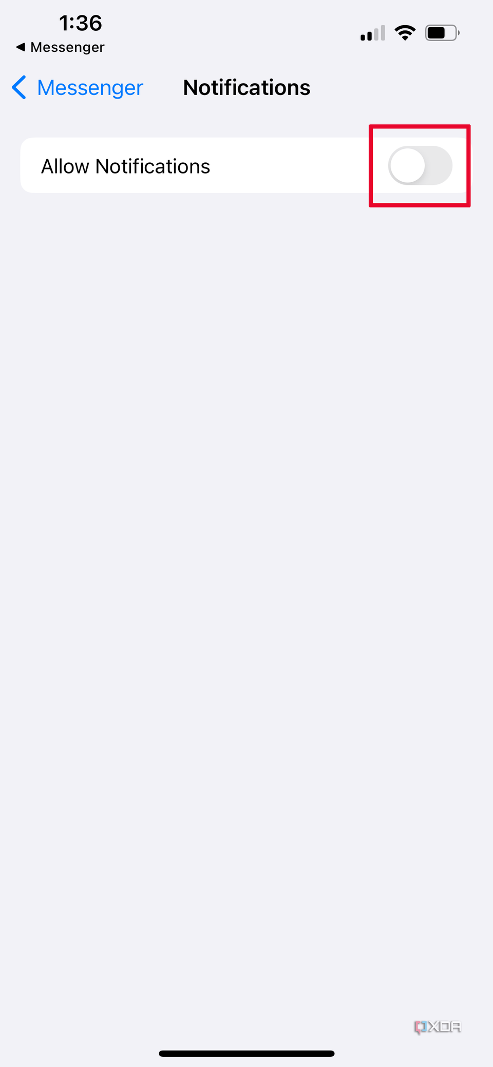 Messenger Notifications menu with Allow notifications turned on.