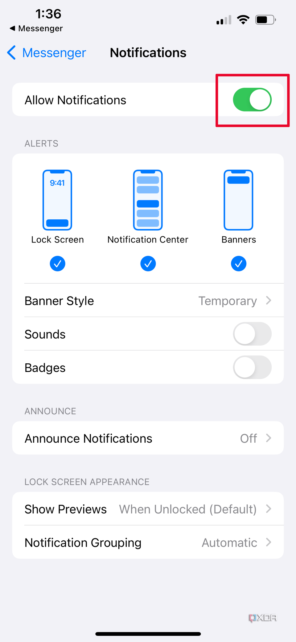 Messenger settings menu with Allow notifications now turned on.
