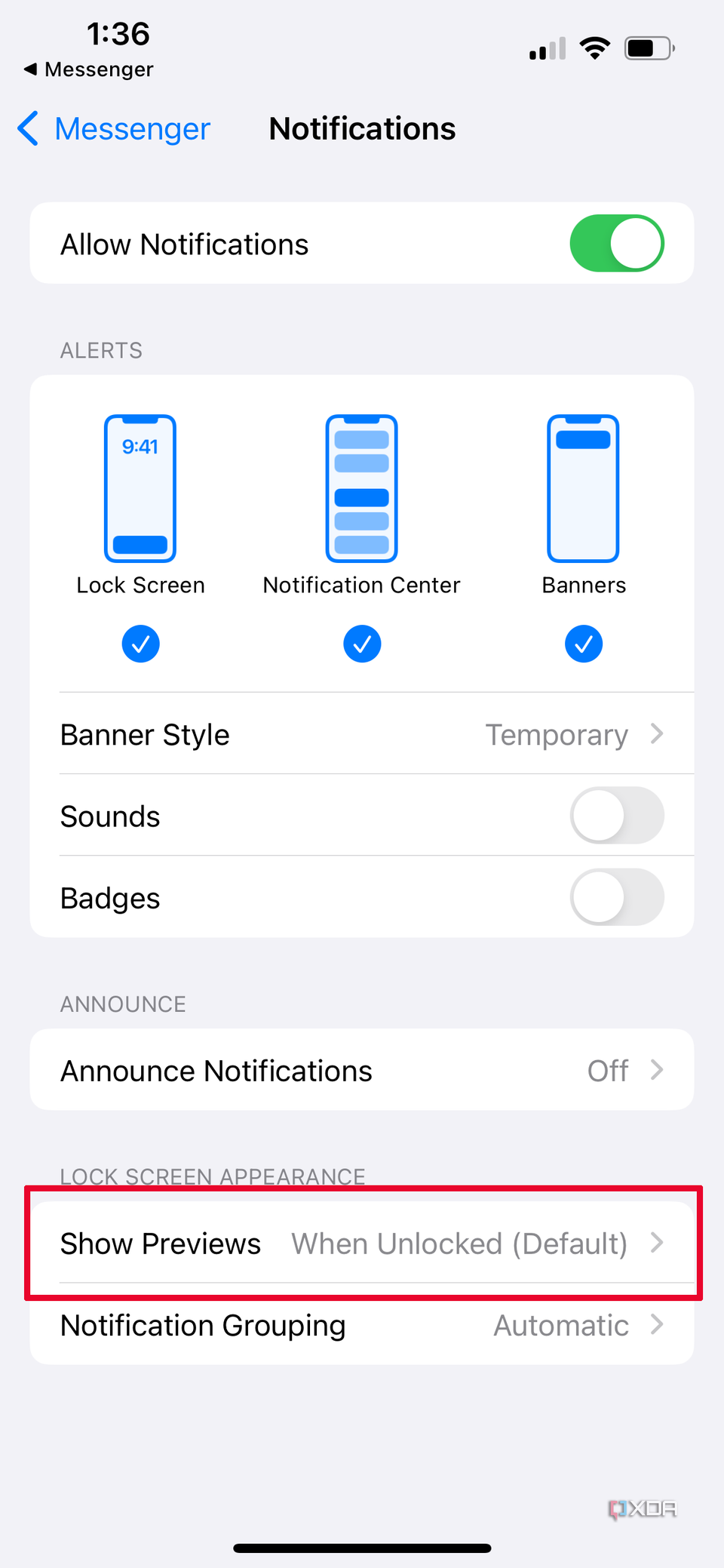 Messenger Notifications settings with Show Previews selected.
